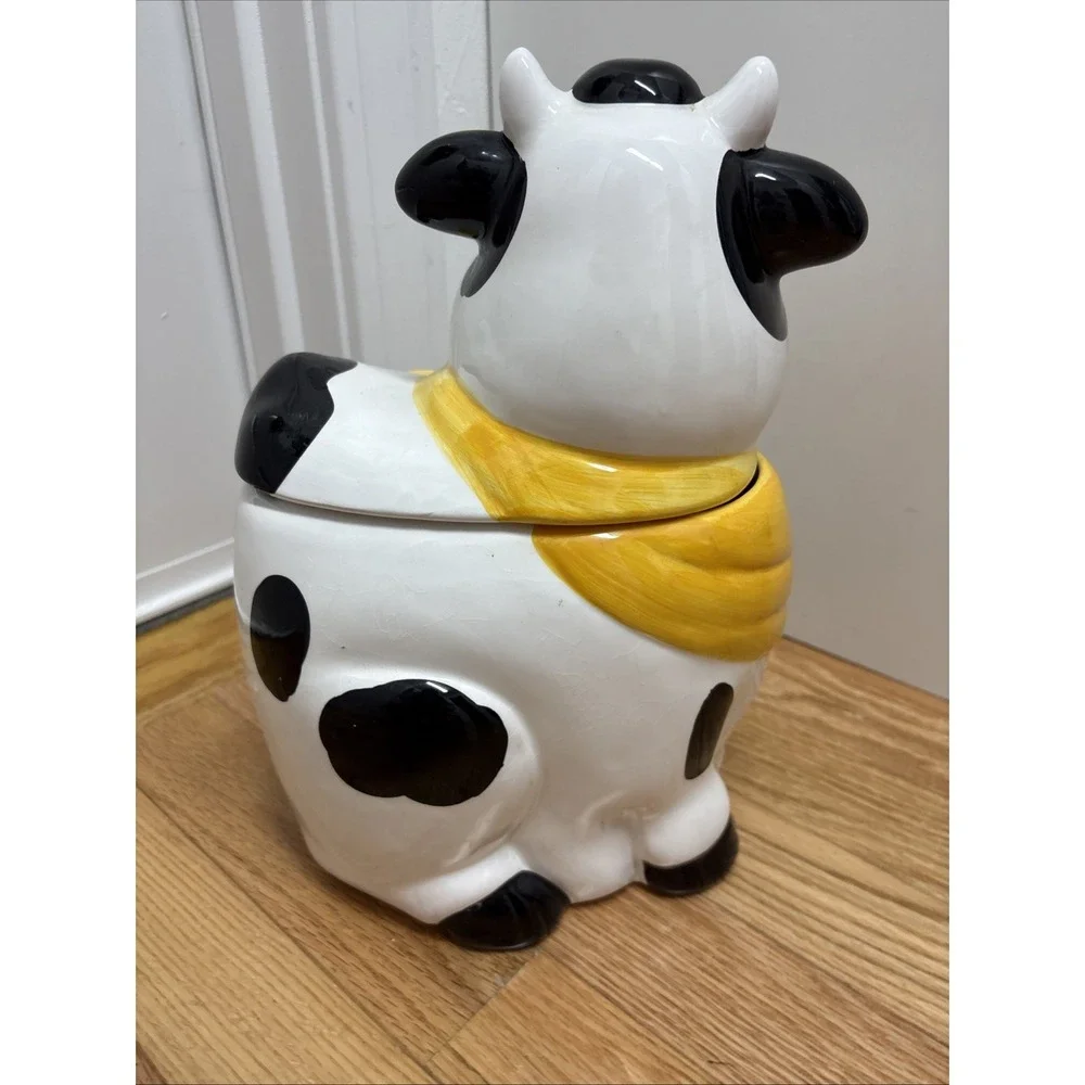 Vintage Cooks‎ Club B&W Ceramic Cow Cookie Jar With Yellow Bandana